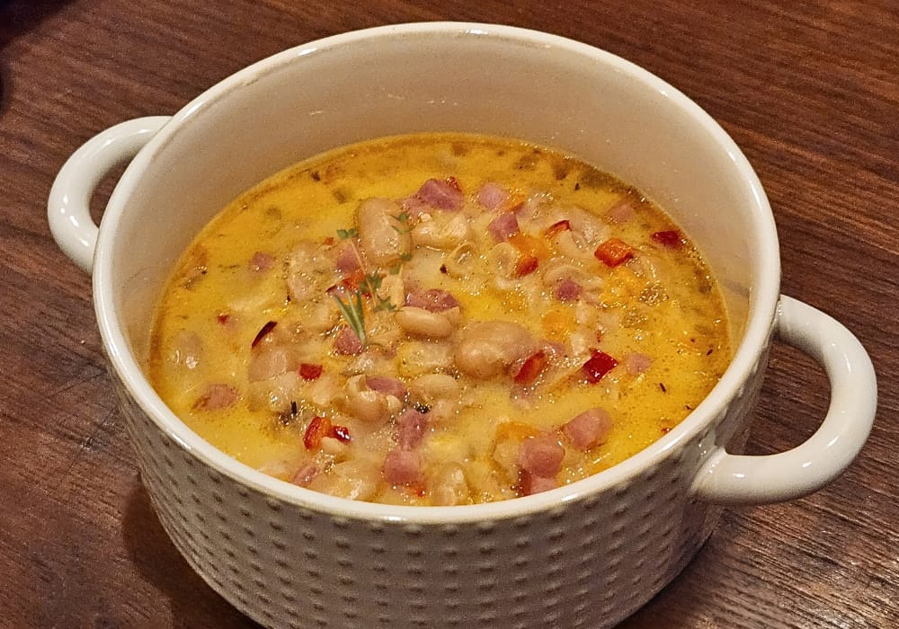 Bowl of creamy ham and bean soup