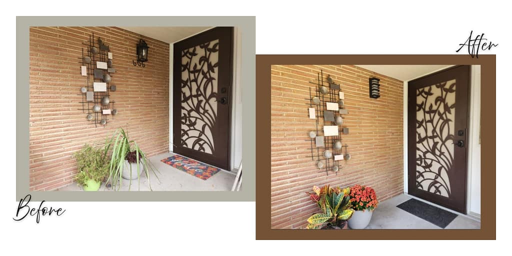 Before: Front porch corner with faded doormat, outdated light fixture, and tired potted plants.
After: Front porch entry refreshed with new black doormat, modern light fixture, and vibrant fall planters.