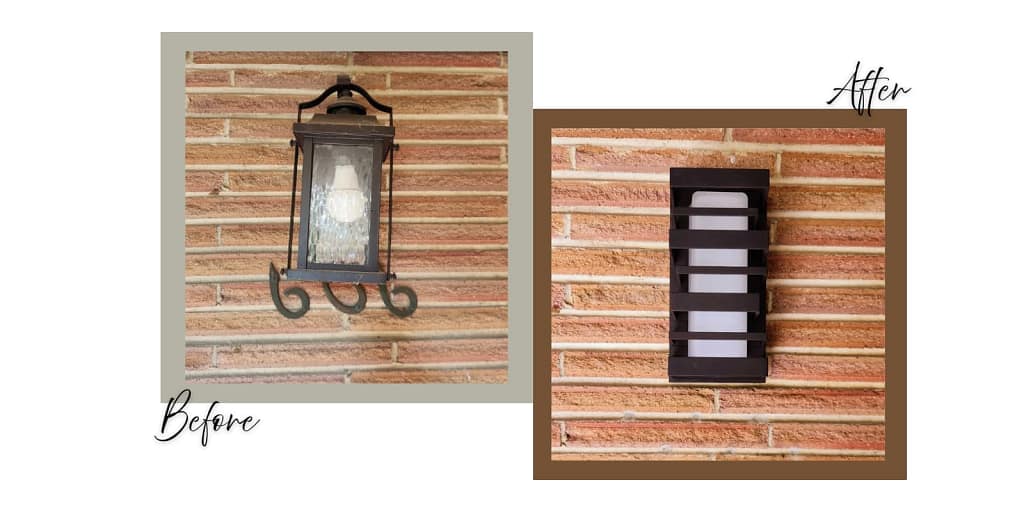 Before: Old black metal lantern-style porch light mounted on a brick wall.
After: Modern black horizontal slat light fixture mounted on a brick wall.