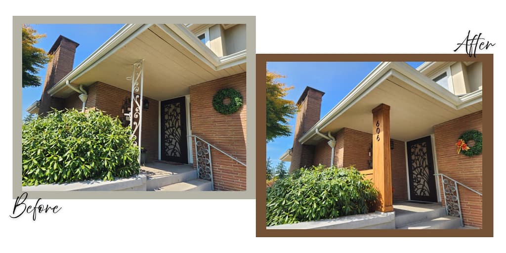 Before: Front porch with white metal support column and small house numbers mounted under an old light.
After: Cedar-wrapped porch column with modern floating black house numbers and a seasonal wreath.