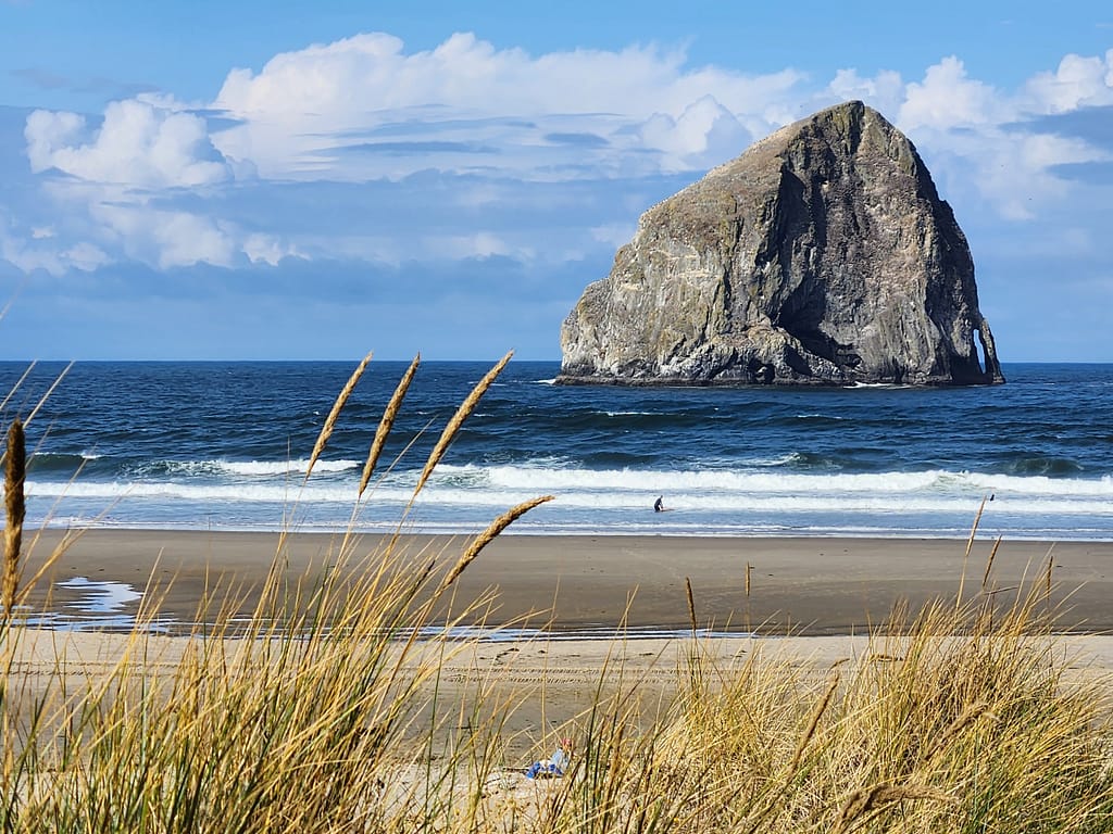 Haystack Rock in Pacific City, Oregon viewed from behind beach grasses