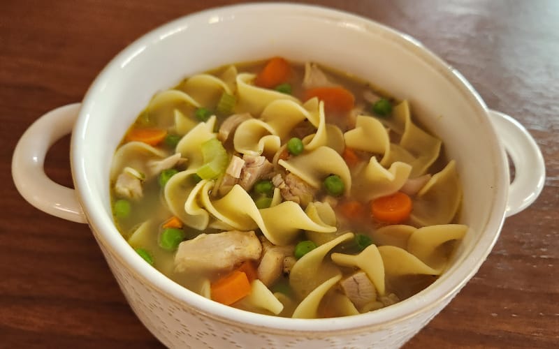 Bowl of chicken noodle soup with chicken, carrot, celery, peas