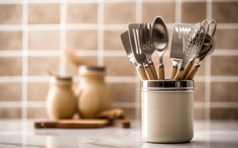 Neutral kitchen utensils in a ceramic crock, ready for Thanksgiving cooking and meal prep.