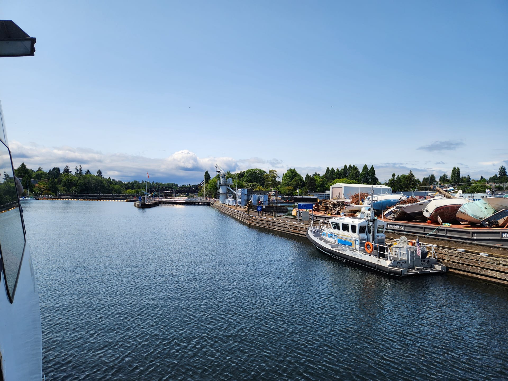 View of the locks in the Ballard neighborhood of Seattle from a boat